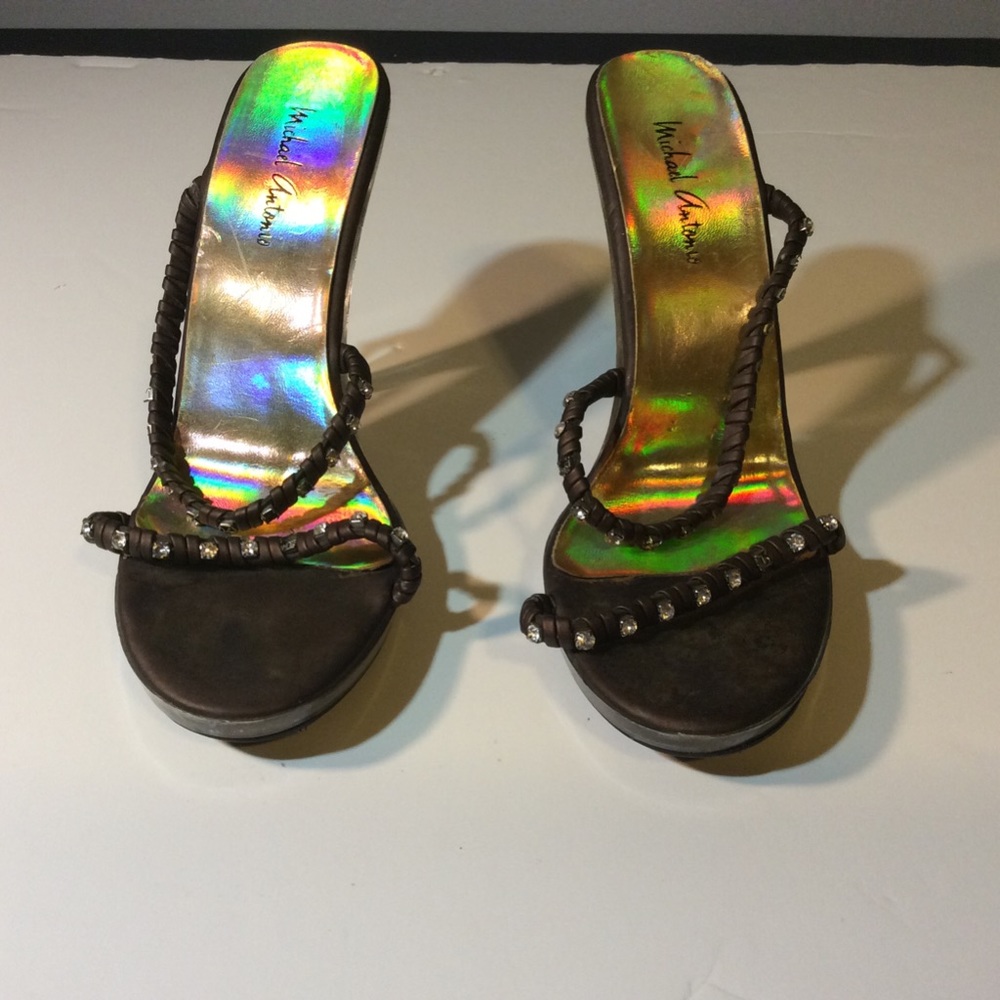 Womens Brown High Heel Sandal with Rhinestones